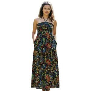 Fire Los Angeles Black Floral Halter Maxi Dress S Boho Summer Beachy Festival
